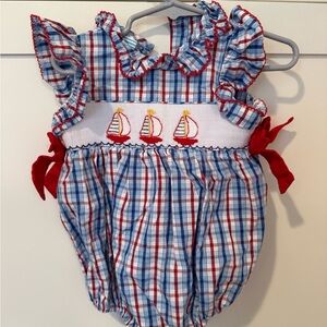 Smocked Sailboat Plaid Baby One-Piece - Blue & Red Bubble